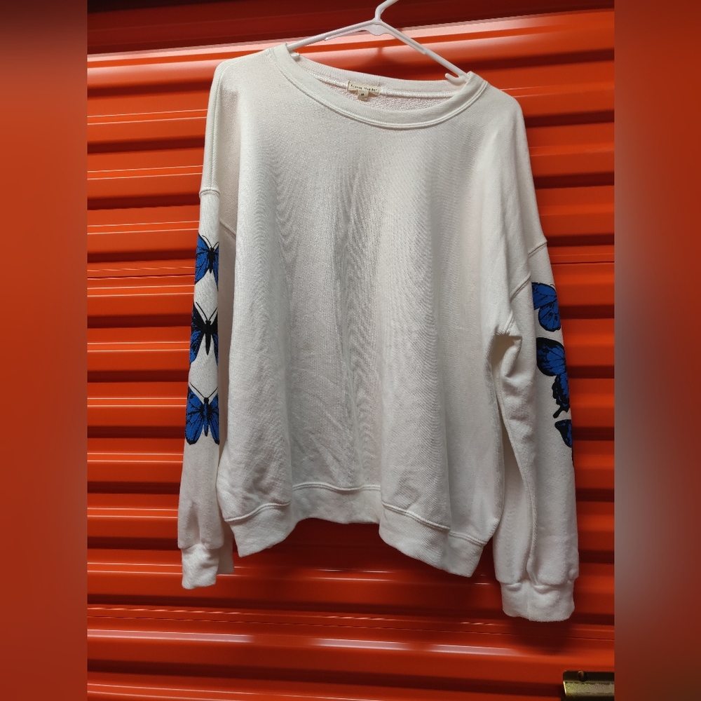 Stevie Hender White Sweater with Blue Butterfly Sleeves